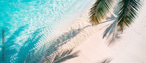 3d rendering of long palm tree shadows stretching across a white sandy beach, with the turquoise sea waves gently lapping the shore, tropical beach concept.