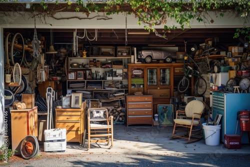 Room with a lot of stuff in it. Garage sale background 