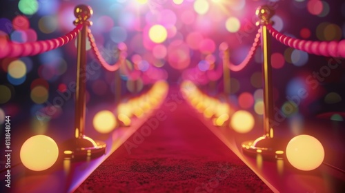 Bokeh Red carpet and golden barrier. Cinema festival concept