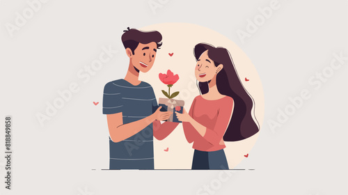 Smiling male adorer giving flower to cute girlfriend