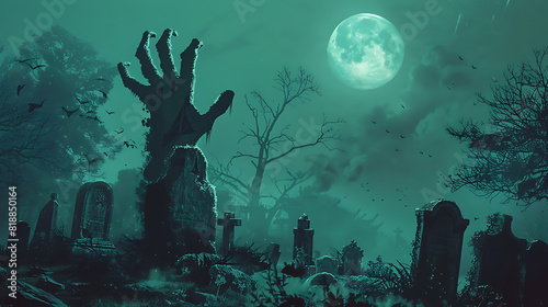 Zoombie hand emerging from graveyard on a spooky night. Halloween background
