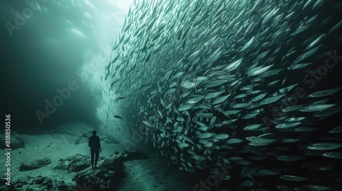 Breathtaking moment capturing a massive sardine school swarming past.