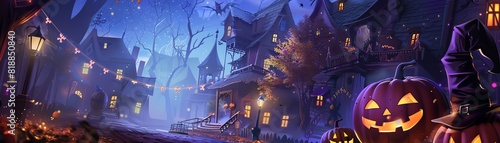 Spooky Halloween scene with lit lanterns and carved pumpkins in front of eerie, old houses at night.