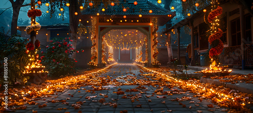 An entrance gate decorated with Diwali lights and garlands