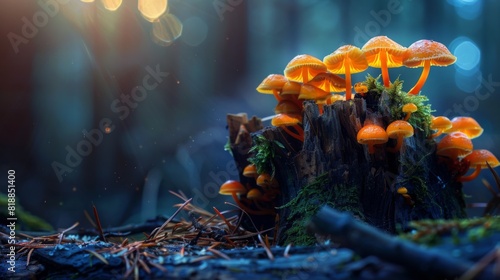 Delicate fungi thriving on the decaying bark of a tree stump in a tranquil forest