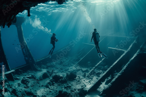 couple exploring underwater shipwreck with scuba gear