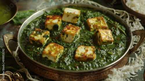 Delicious palak paneer with creamy spinach and chunks of paneer, served with rice