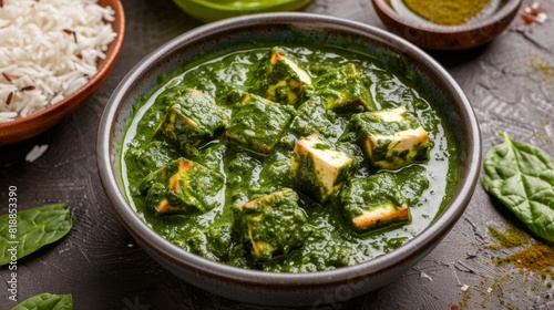 Delicious palak paneer with creamy spinach and chunks of paneer, served with rice