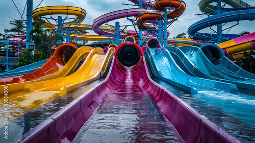 Empty summer water ride theme park colorful waterslides