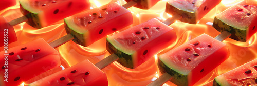 Round Slices of Watermelon Arranged on a Wooden Table, Fresh and Juicy Summer Dessert