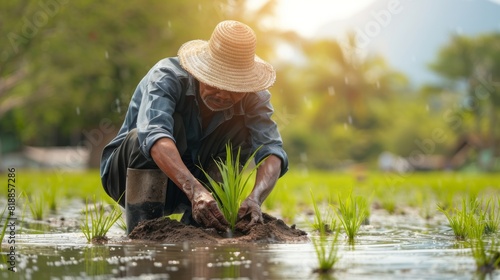 Farmer transplanting young rice seedlings in a verdant field flooded with water