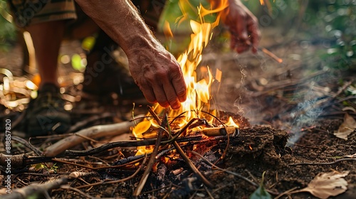 Demonstration of fire-making techniques in the wild for wilderness survival