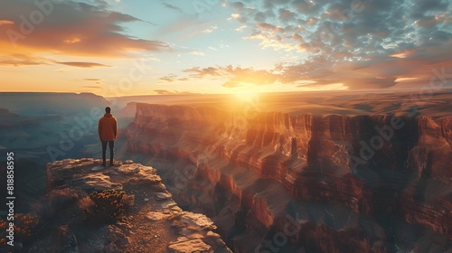 Traveler Stands on Cliff Overlooking Vast Canyon at Sunrise Capturing the Essence of Adventure and