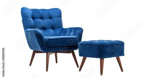 Dark blue color armchair and small chair for legs isolation on white background