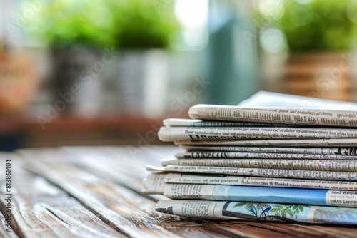 Newspaper stack on table with daily hot news headlines for reading and staying informed