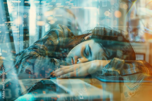 Someone accidentally falling asleep for a moment at a desk, showing the struggle with fatigue focus on, work, realistic, Double exposure, office backdrop