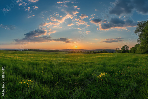 spring panorama at sunset in raw style