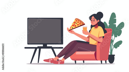 Woman eating pizza watching movie on TV at home. Pers