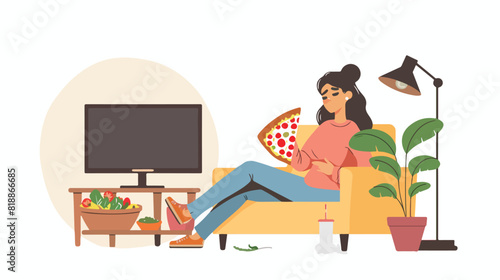 Woman eating pizza watching movie on TV at home. Pers