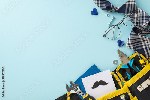 A creative Father's day setup with various tools in a yellow bag, stylish tie, glasses, and heart shapes on a soft blue background