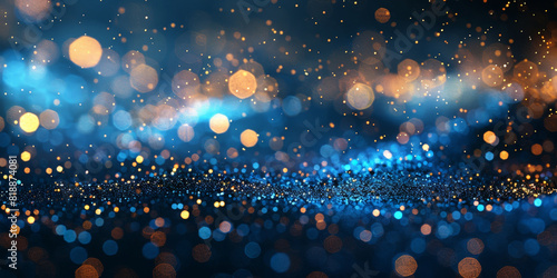 abstract blue gold glitter light particles bokeh background,abstract background with blue and gold bokeh lights and particles on black background , a gold and blue background with lights, banner