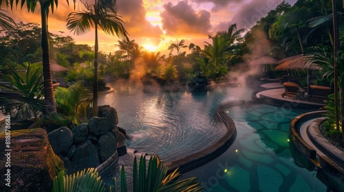 Luxury Spa Resort at Sunset with Outdoor Thermal Pools and Lush Tropical Plants - Ideal for Relaxation and Wellness