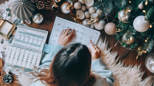 New Year's Resolution Planning with Woman Setting Skincare Goals Amidst Holiday Ornaments and Calendar