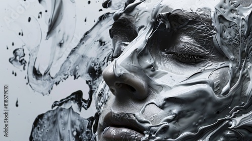 Surreal fashion concept. closeup of man and woman dissolving from gray molten paint