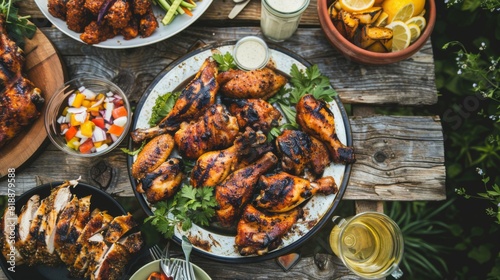 Overhead shot of a picnic table with a platter of grilled chicken and side dishes