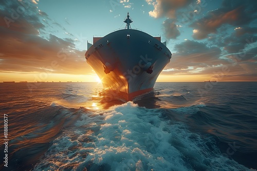 Imposing Cargo Ship Traversing the Ocean at Sunset Maritime Transport and Logistics Concept
