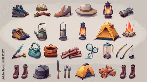 Vector collection of hiking icons, including binoculars, a bowl, a barbecue, a tourist lantern, shoes, a hat, a tent, a campfire, base camp gear, and accessories