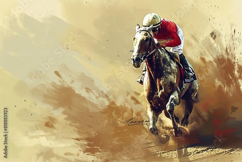 horse race jockey equestrian sport competition action motion speed excitement galloping hooves dust track grand illustrious illustration digital painting 