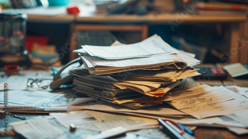 Pile of unpaid bills and overdue notices on a cluttered desk, emphasizing financial struggle and bankruptcy