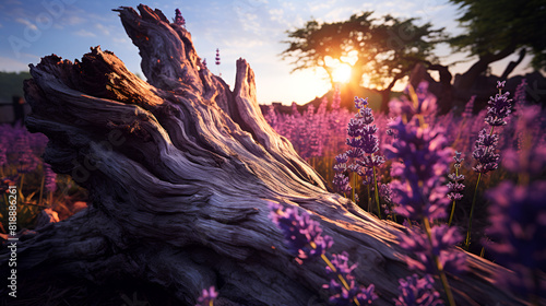 sunset in the mountains,A dreamy lavender field with rows of trees