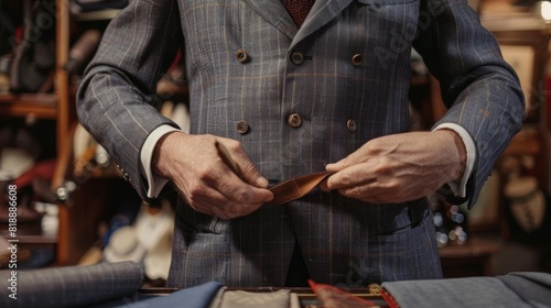 Local tailor shop with a tailor measuring fabric, detailed and professional, emphasizing craftsmanship