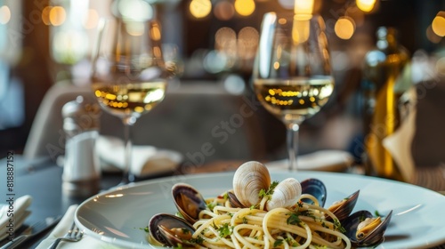Spaghetti alle vongole served in a stylish restaurant setting with a glass of white wine