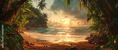 Sunset on a Tropical Beach, Golden and Orange Hues Over the Water, Romantic and Tranquil Evening