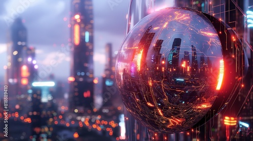 A gleaming metallic shield embedded with intricate circuitry, reflecting neon lights against a futuristic city skyline. 32k, full ultra hd, high resolution