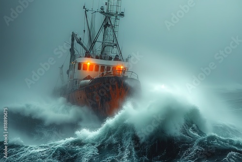 A rugged fishing trawler braving stormy seas, its crew working tirelessly to bring in a bountiful haul