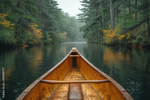 A rustic canoe expedition through a pristine wilderness, with dense forest on either side of the narrow waterway