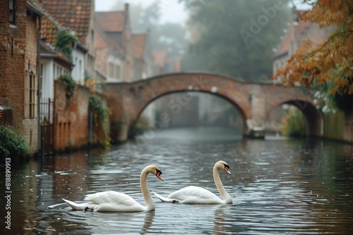 A serene canal in Bruges, Belgium, with historic stone bridges and swans gracefully gliding on the water