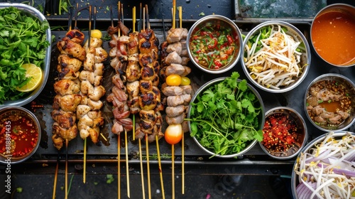 Thai street food scene with skewers of grilled meat, fresh herbs, and dipping sauces