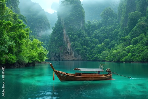 A traditional Thai long tail boat gracefully navigating through the emerald waters of Phang Nga Bay