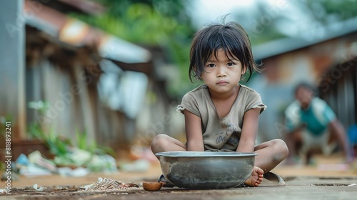 Young Child Sitting on Ground Holding Empty Bowl in Poor Neighborhoo