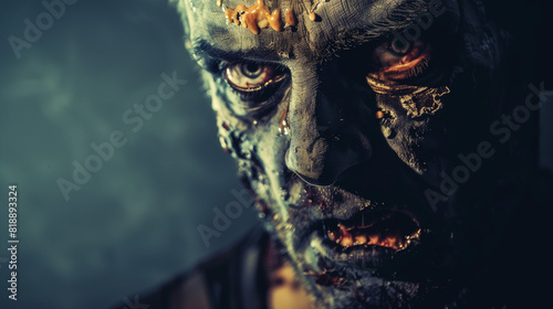 closeup of creepy monster Zombie face horror scary on dark background with copy space for text