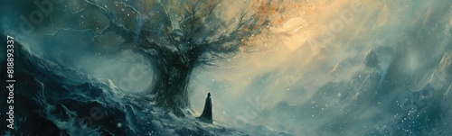 Painting of a lone tree on a snowy hill with a sky background