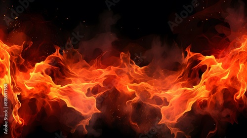 Fire flames texture on black background. Generative AI.