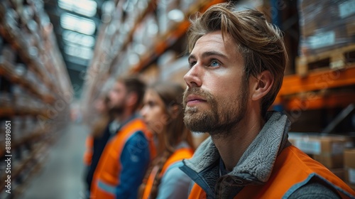 In a large modern logistics center, warehouse workers wearing safety vests engage in a group discussion.