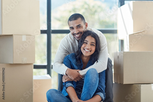 Couple, portrait and box with hug for new home with support, bonding and happiness for dream house. Homeowner, man and woman in relationship excited for relocation, property investment and moving