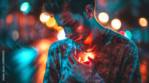 The image shows a man standing in the rain with his hand on his heart. The background is blurred with colorful lights. It's a very emotional and powerful picture.